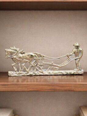 Vintage Brass Figurine, Horse with Plow Mantle or Shelf Display